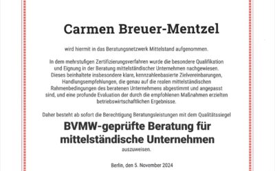 Zertifizierung als BVMW-geprüfte Beratung für mittelständische Unternehmen